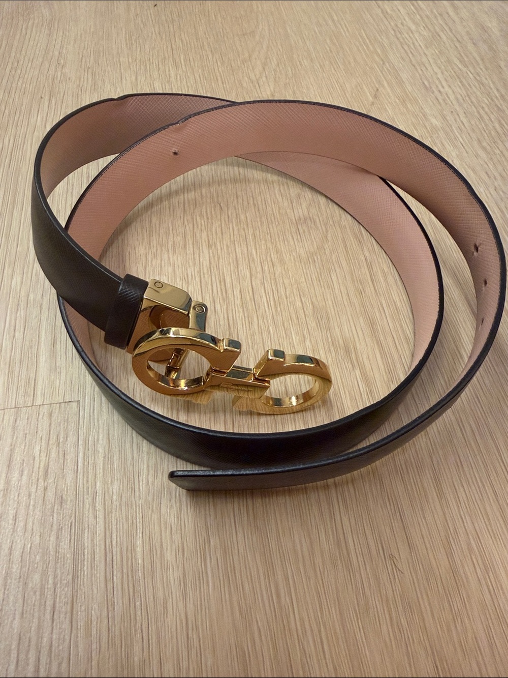 Salvatore Ferragamo Black Belt with Gold Gancini Buckle and Pink Inner